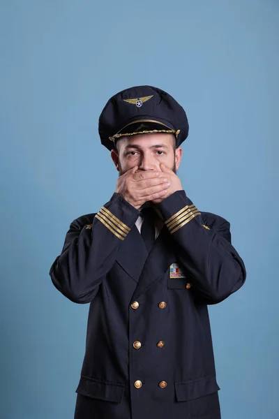 Airplane Pilot Covering Mouth Hands Showing Speak Evil Gesture Looking — Stock Photo, Image