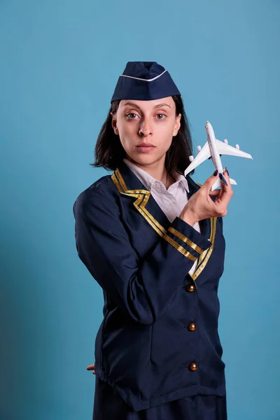 Flight Attendant Aviation Uniform Holding Airplane Model Professional Stewardess Playing — Stock Photo, Image