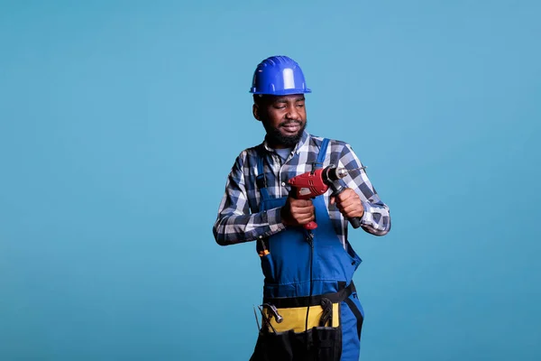 Studio Portrait African American Worker Overalls Work Uniform Safety Helmet — Stock Photo, Image