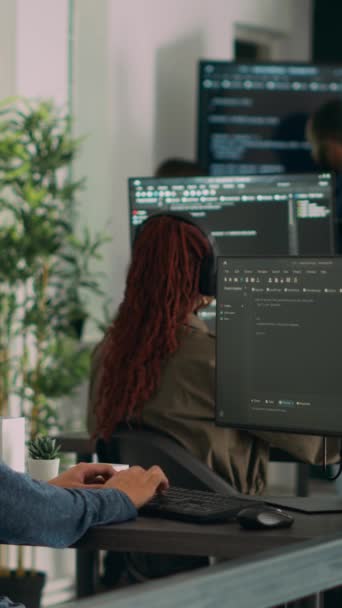 Vertical Video Asian Software Programer Writing Code Computer Displaying Artificial — Stock Video
