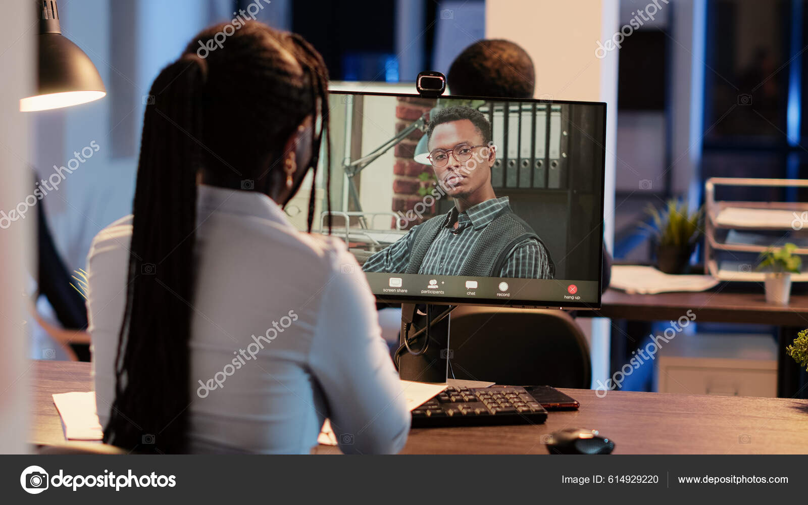 Business Woman Attending Videocall Online Meeting Man Talking