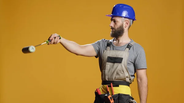 Portrait Industrial Worker Using Paintbrush Roller Paint Walls Color Working — Stock Photo, Image