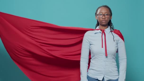 Portrait Female Superhero Wearing Red Cape Costume Cartoon Comic Book — Vídeo de Stock