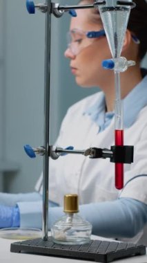 Dikey video: Mikrobiyoloji kadını klinikteki laboratuvarda petri kabı üzerinde çalışıyor, kimyasal ekipmanlara sahip. Doktor boşta gezenler, test tüpü, mikroskop ve mikroskop ile tıbbi araştırma yapıyor.