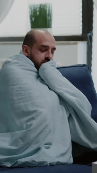 Vertical Video Person Flu Feeling Cold Shivering Wrapped Blanket Sick — Stock Video