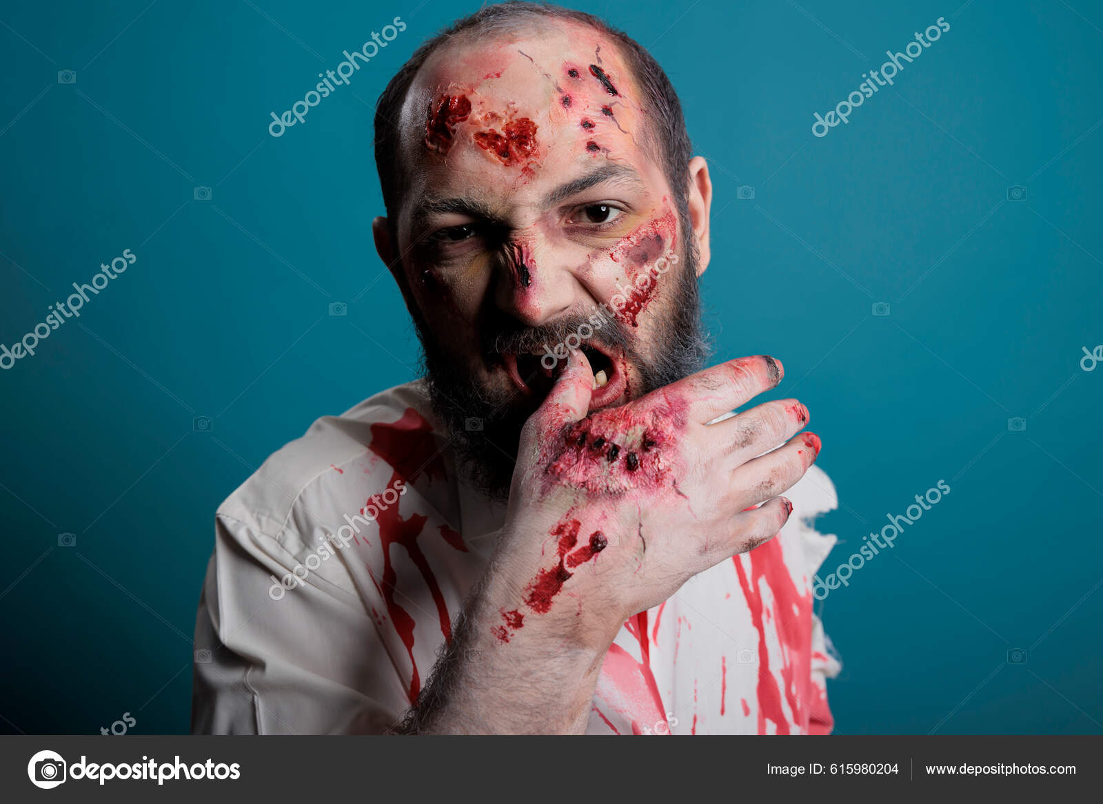Loco Zombie Halloween Mordiendo Mano Sangrienta Con Cicatrices Heridas  Siendo — Foto de stock #615980204 © DragosCondreaW, image size:1600x1167