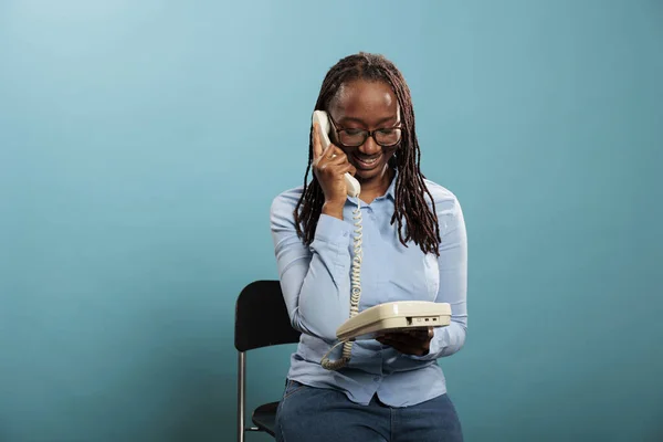 Happy Smiling Landline Telephone Operator Having Conversation Wired Phone Blue — Stock Photo, Image