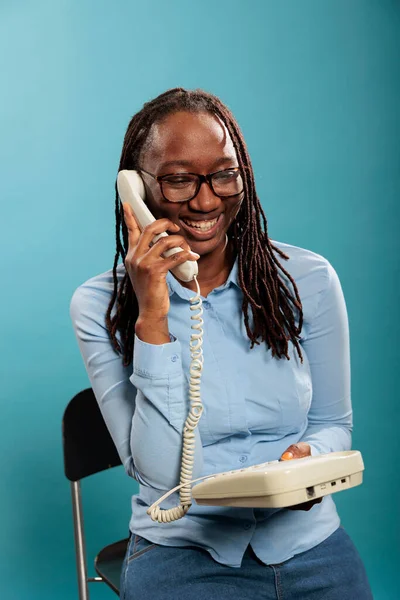Cheerful Smiling Heartily Young Woman Answering Friend Calling Landline Phone — Stock Photo, Image