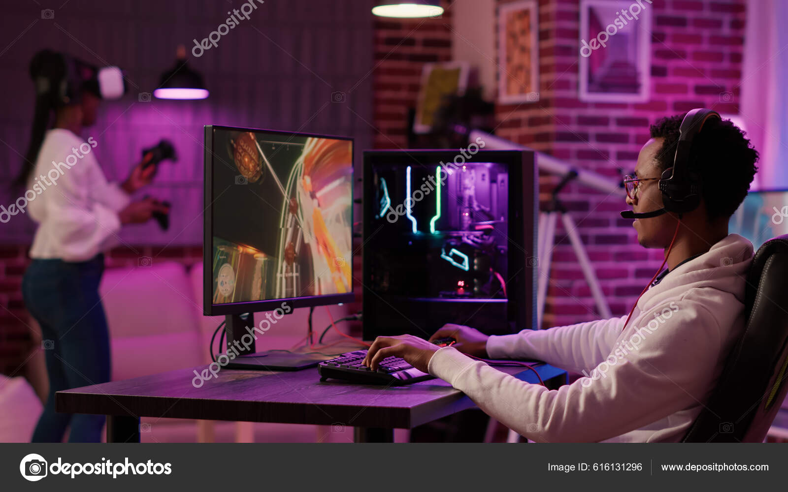 Free Photo  African american man playing multiplayer online action rpg on  pc while girlfriend is fighting in virtual reality game in living room.  gamer streaming first person shooter while woman uses