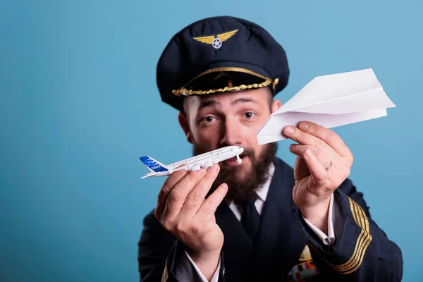 Airplane Captain Holding Jet Model Paper Plane Hands Front View — Stock Photo, Image