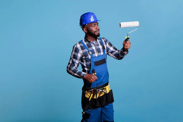 House Painter Making Interior Renovation Painting Walls Roller Construction Worker — Stock Photo, Image