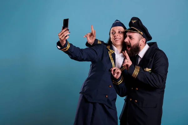 Smiling Aviation Capitan Air Hostess Smiling Phone Camera While Having — Stock Photo, Image