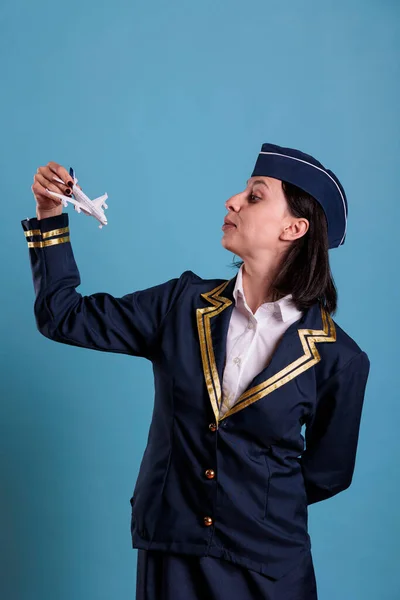 Flight Attendant Uniform Holding Airplane Model Aviation Academy Stewardess Playing — Stock Photo, Image