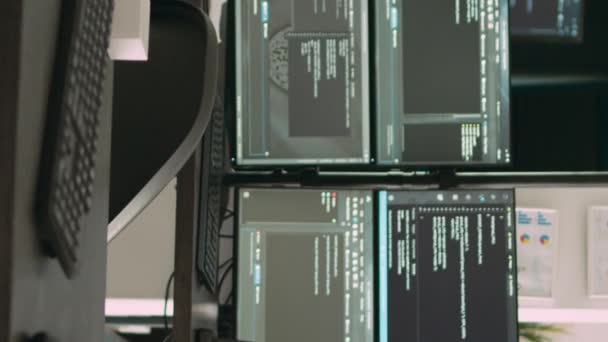 Vertical Video Desk Multiple Monitors Displaying Terminal Window Artificial Intelligence — Stock Video