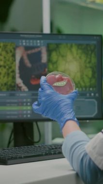 Dikey video: Kimyager kadın biyokimya deneyi için vegan etini analiz ediyor. Biyoloji araştırmacısı, biyolojik uzmanlık üzerine kimyasal madde yazarak genetiği değiştirilmiş gıdayı inceliyor.