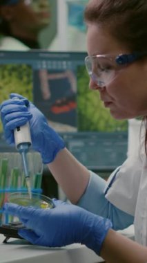 Dikey video: Biyolog araştırmacı gmo çözeltisini keşfetmek için mikropipet ve petri kabı kullanıyor. Eczacılık laboratuarında çalışan kimyager kadın tıbbi uzmanlığı inceliyor.