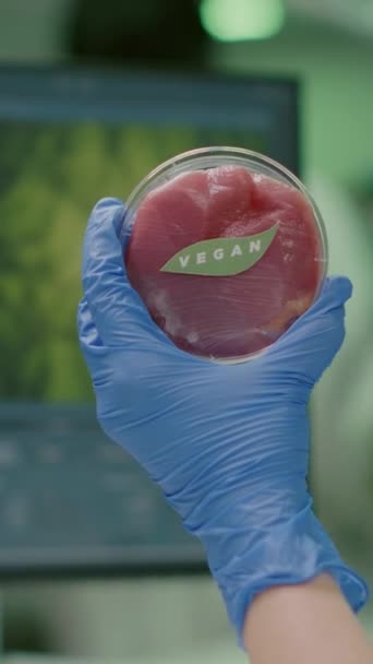 垂直录像 化学家手握纯素食牛肉样品研究转基因素食的闭塞 从事生物技术实验室生物技术医学分析的科学家 — 图库视频影像