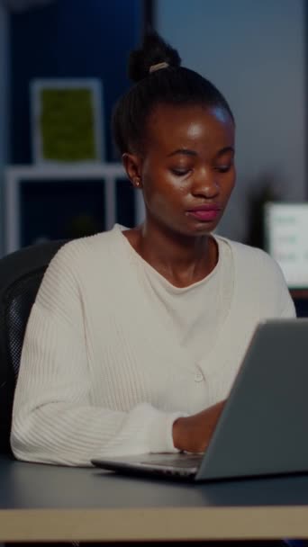 Stressed African Manager Woman Working Financial Graphs Checking Graphs Typing — Stock Video