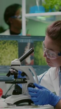 Dikey video: Kimyasal test için botanik bitkilerini mikroskop altında inceleyen bilim adamı doktor. İlaç laboratuarında çalışırken organik gmo yaprağını inceleyen biyolog bir uzman.