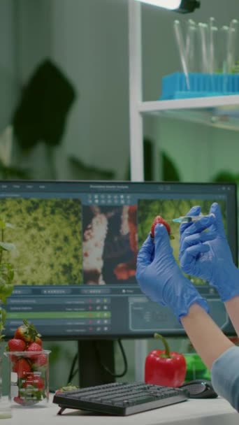Vídeo Vertical Cientista Injetando Morango Com Pesticidas Descoberta Mutação Genética — Vídeo de Stock