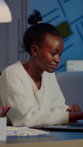 Excited Black Freelancer Smiling While Reading Good News Laptop Working — Stock Video