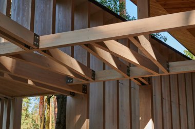 İç dekorasyonda ahşap kiriş, mimaride metal bağlayıcılar, binanın ön cephesinin bir tasarım unsuru.