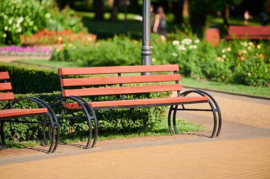 Açık havada, ahşap bir açık hava parkında oturmak peyzaj tasarımında mimari bir unsur.