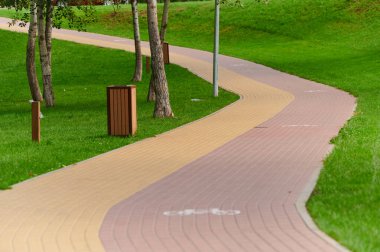 Renkli kırmızı ve sarı tuğlalı taş yollar yeşillikler arasında bisiklet işaretleri, çevre tasarımı bitkilerle kentsel peyzaj, güneşli bir yaz gününde park