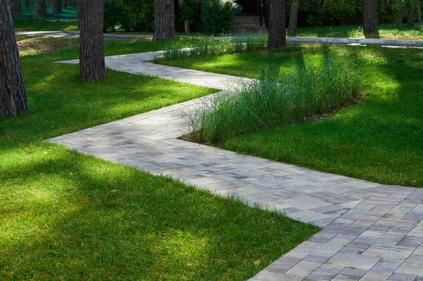 Geometric Stone Path Landscape Design Surrounded Green Grass Trees Stock Image
