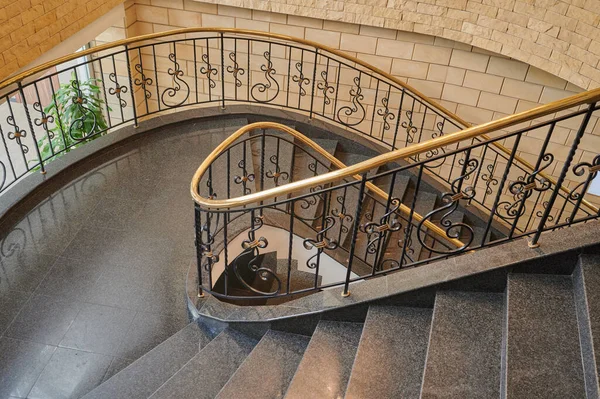 Spiral Staircase Interior Marble Floor Elegant Wrought Iron Balusters Wooden — Stock Photo, Image