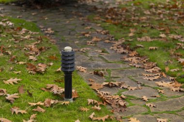 Lambalı taştan yapılmış yaya yolu, modern bir fener manzara tasarımında bir ışık kaynağıdır.