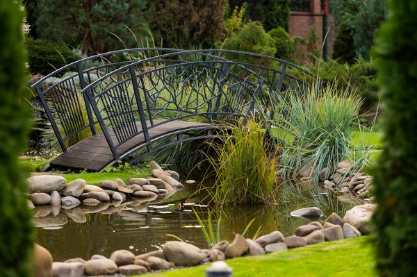 绿地景观设计中带有金属栏杆的人行桥人工水库 — 图库照片