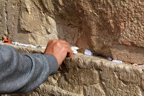 Mão de homem orando no Muro Ocidental em Jerusalém — Fotografia de Stock