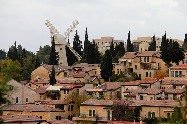 Panorama of West Jerusalem. Montefiore Windmill