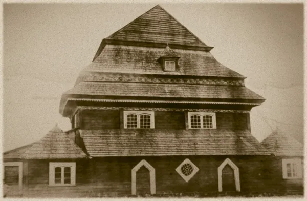 Olkeninki、ベラルーシ、18 世紀の広告で古い木製のシナゴーグのレトロな写真 — ストック写真