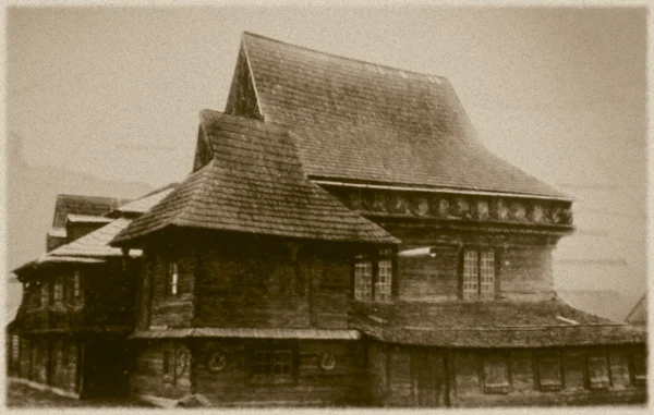 Retro photo of old wooden synagogue in Zabludow, Poland, 17th century AD — Stock Photo, Image