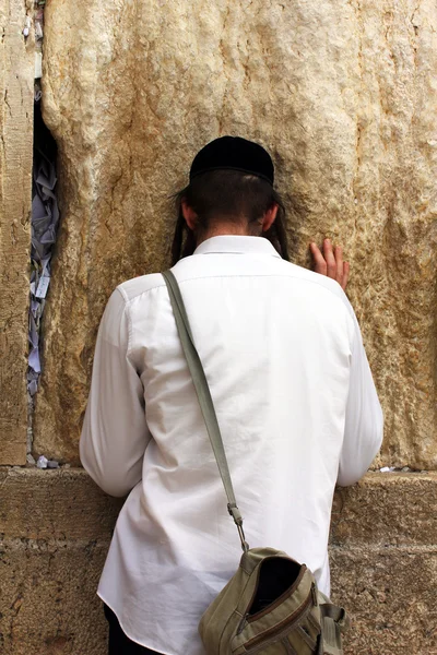 Joven no identificado rezando en el Muro de los Lamentos (Muro occidental ) — Foto de Stock