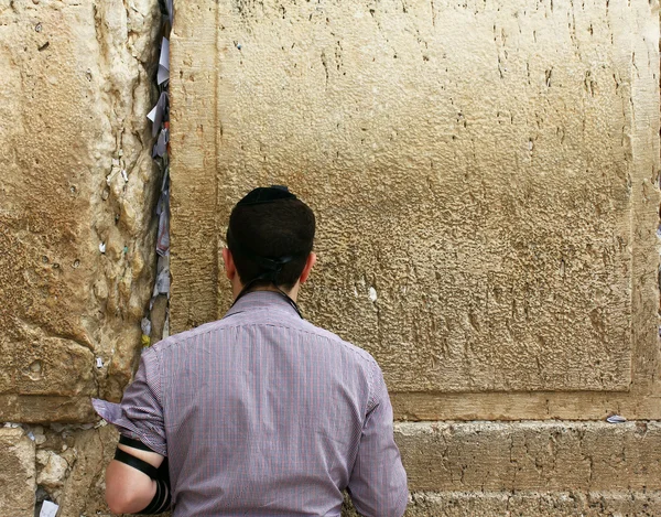 Joven no identificado rezando en el Muro de los Lamentos (Muro occidental ) — Foto de Stock