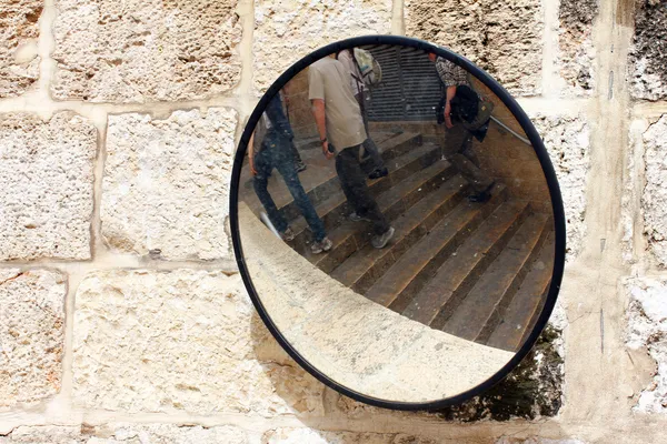 Street road safety security mirror in the old town of Jerusalem — Stock Photo, Image