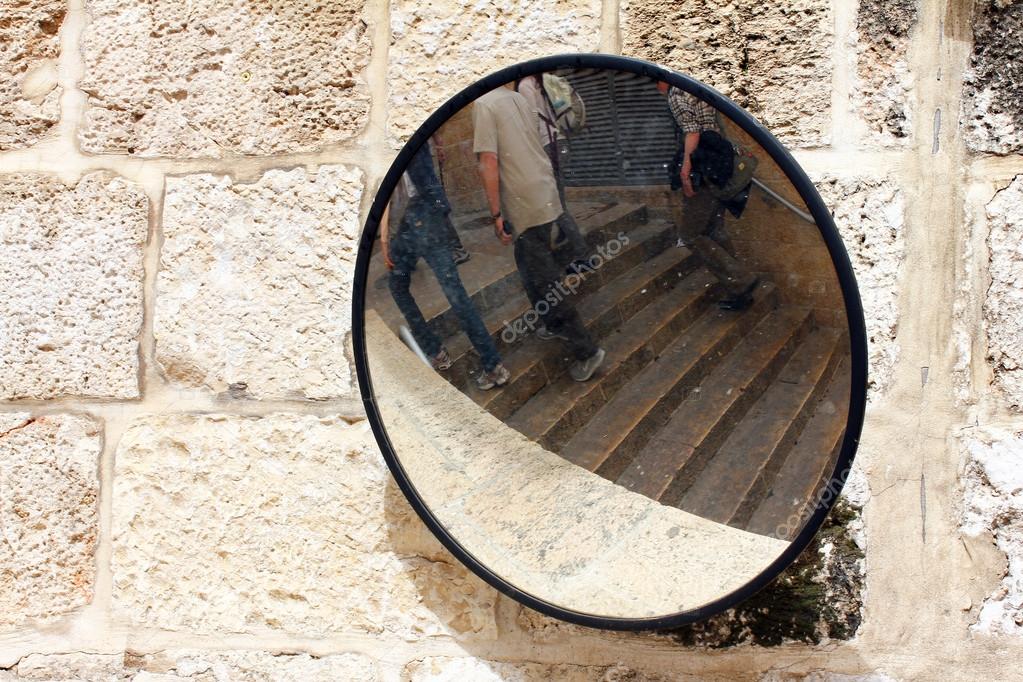 Street road safety security mirror in the old town of Jerusalem