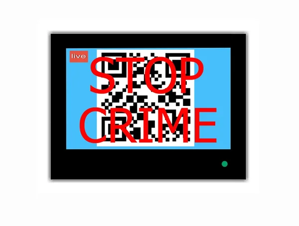 QR CODE e slogan STOP CRIME sullo schermo televisivo — Foto Stock