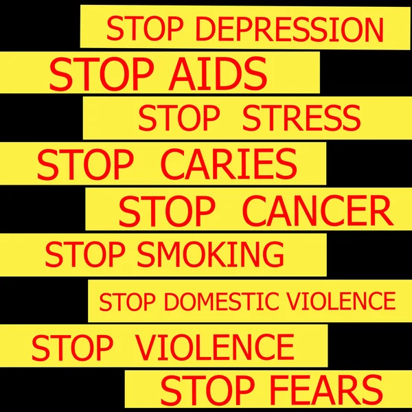 Set  of actual slogans written on yellow ribbon on black background — Stock Photo, Image