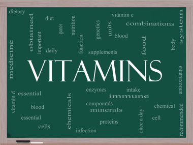 Vitaminler bulut kavramı bir kara tahta üzerinde kelime.