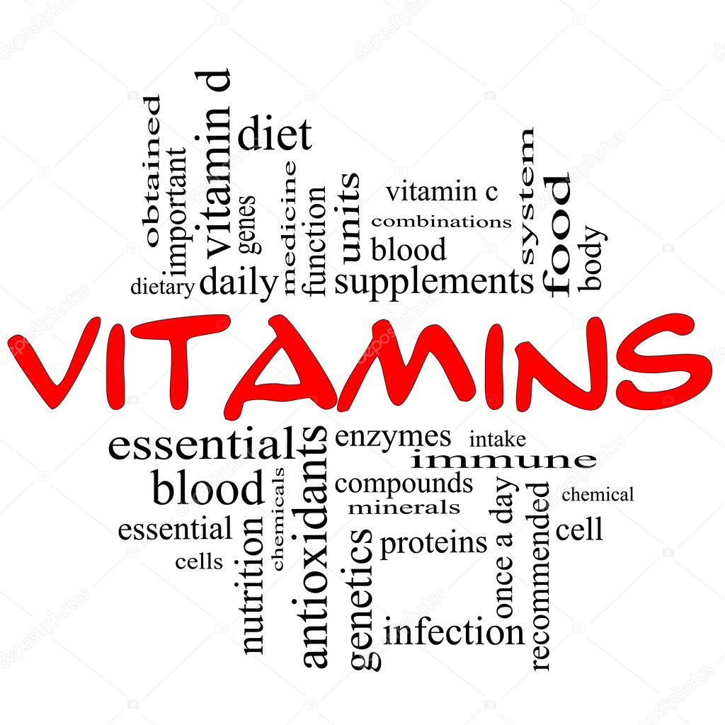 Vitamins Word Cloud Concept in red & black