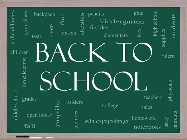 Terug naar school word cloud concept op een schoolbord — Stockfoto