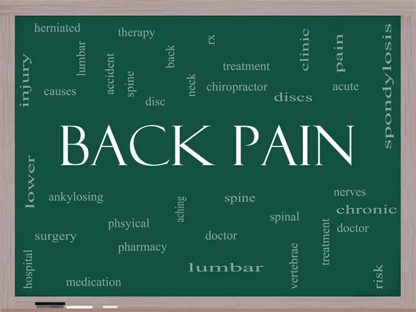 Concepto de nube de palabras de dolor de espalda en una pizarra —  Fotos de Stock