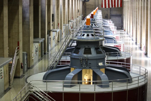 Huge turbines in a row inside of Hoover Dam Wide Angle — Stock Photo, Image