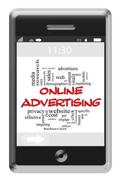 टचस्क्रीन फोन पर ऑनलाइन विज्ञापन वर्ड क्लाउड अवधारणा — स्टॉक फ़ोटो, इमेज
