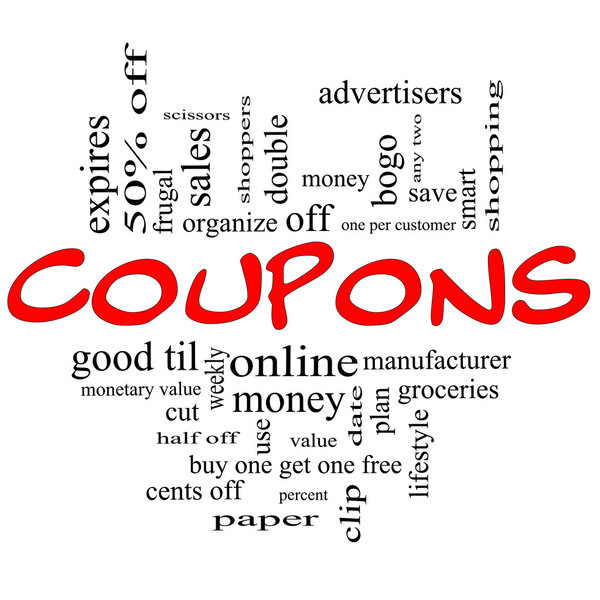 Coupons Word Cloud Concept in red & black