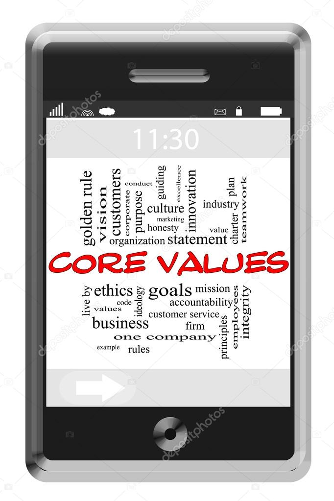 Core Values Word Cloud Concept on Touchscreen Phone